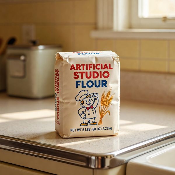 Capture an intimate close-up bathed in warm, soft, late-afternoon sunlight filtering into a quintessential 1960s kitchen. The focal point is a charmingly designed vintage package of all-purpose flour, resting invitingly on a speckled Formica countertop. The packaging itself evokes pure nostalgia: perhaps thick, slightly textured paper in a warm cream tone, adorned with simple, bold typography (a friendly serif or script) in classic red and blue “ARTIFICIAL STUDIO FLOUR”, featuring a delightful illustration like a stylized sheaf of wheat or a cheerful baker character. In smaller bold print at the bottom of the package: “NET WT 5 LBS (80 OZ) 2.27kg”. Focus sharply on the package details – the slightly soft edges of the paper bag, the texture of the vintage printing, the inviting "Artificial Studio Flour" text. Subtle hints of the 1960s kitchen frame the shot – the chrome edge of the counter gleaming softly, a blurred glimpse of a pastel yellow ceramic tile backsplash, or the corner of a vintage metal canister set just out of focus. The shallow depth of field keeps attention locked on the beautifully designed package, creating an aesthetic rich in warmth, authenticity, and nostalgic appeal.