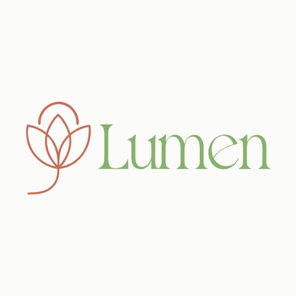Logo for a yoga studio called "Lumen", a single-line drawing of a lotus flower with a small sun rising behind it, the name in elegant serif next to the icon, soft terracotta and sage green, minimal, flat vector, no gradients.