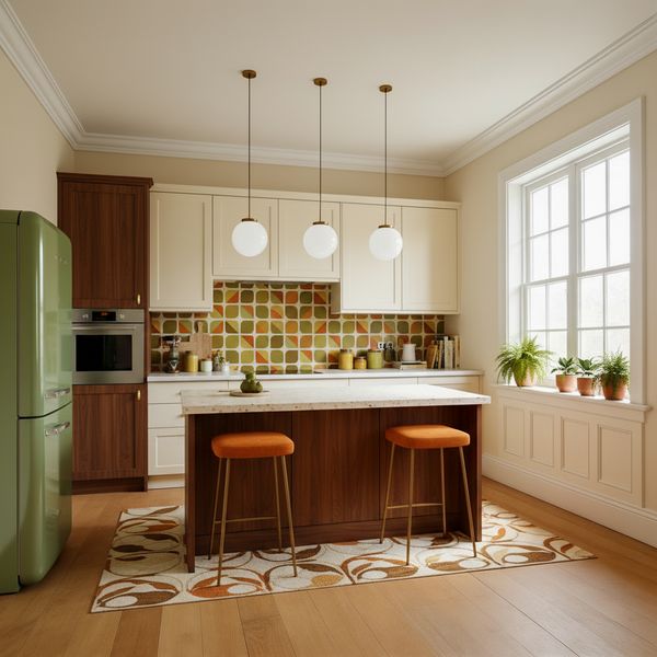 Mid-century modern kitchen with a retro/70s-inspired palette.