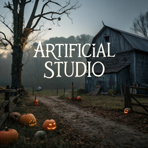 Cover o a halloween book named 'Artificial Studio', with a dark farm setting, with pumpkins and macabre things