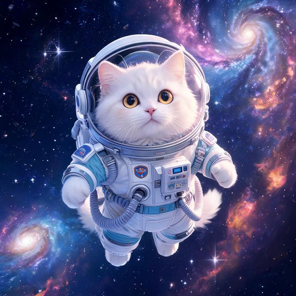 A cute cat astronaut wearing a detailed space suit with a clear helmet, floating gracefully in the vastness of space. The cat has bright curious eyes visible through the helmet visor. Background shows deep space with stars, distant galaxies, and nebulae in beautiful cosmic colors. The scene has a dreamy, whimsical quality with soft lighting illuminating the cat's fur through the transparent helmet. High quality, detailed digital art style.