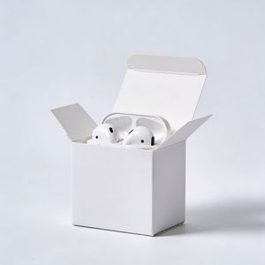 Seedream 4.5 output for the prompt: Minimalist tech packaging: a matte white box slightly open revealing wireless earbuds, clean e-commerce background