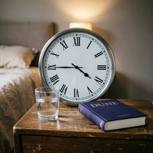 Qwen Image 2 output for the prompt: A clock showing 3:47 on a bedside table, with a glass of water to the LEFT and a book titled "Dune" to the RIGHT