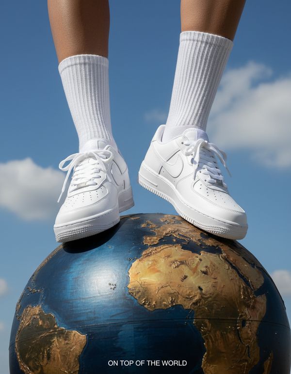 Person standing on top of a large decorative globe, wearing white crew socks and a pair of white Nike Air Force 1 sneakers. Shot from below (low angle), with a clear blue sky and a few clouds in the background. The composition frames only the legs from mid-shin down, emphasizing the shoes and the sense of being "on top of the world."