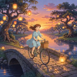 Grok Imagine output for the prompt: A Studio Ghibli-style animation still of a girl on a bicycle crossing a bridge at sunset, lanterns in the trees