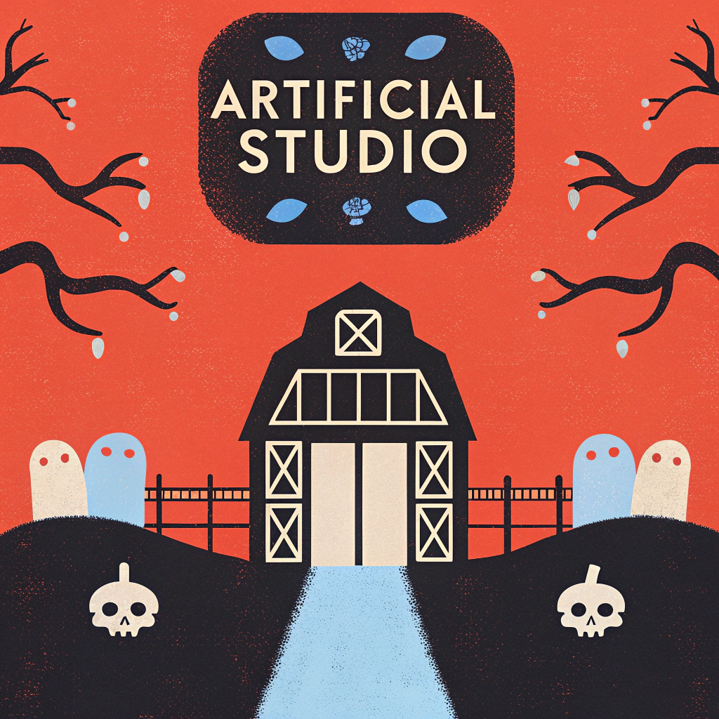 Cover o a halloween book named 'Artificial Studio', with a dark farm setting, with pumpkins and macabre things