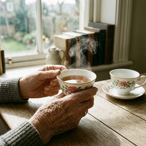 Wan 2.7 output for the prompt: A 35mm film photo of an elderly woman's hands holding a steaming porcelain teacup, natural window light, Portra 400 grain
