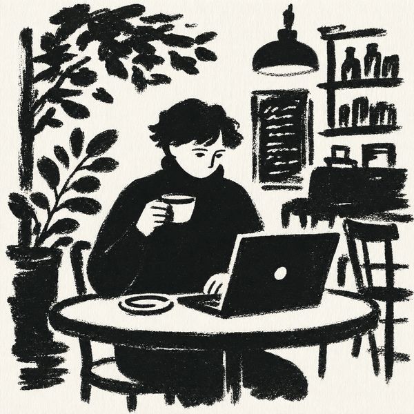 man using a laptop in a cafe drinking a coffee