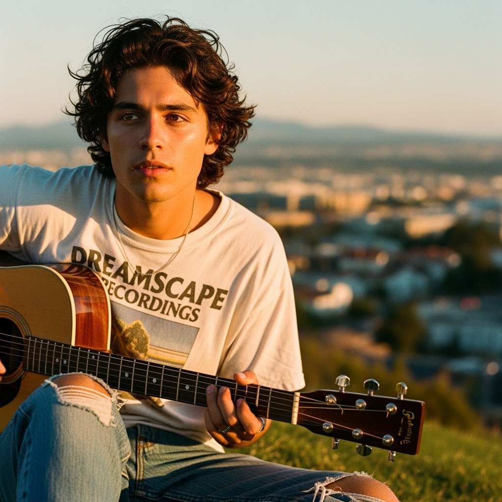 Create a cinematic, photorealistic medium shot portraying the dreamy charm of a late 90s indie film. Focus on a young man with tousled, dark, curly hair and sun-kissed skin. He wears worn, vintage jeans and a loose graphic tee that reads "Dreamscape Recordings." Seated on a grassy hill at sunset, he has an acoustic guitar in hand. His eyes reflect the fading sunlight, set against a blurred, nostalgic cityscape. Warm tones, a soothing color palette, soft focus on his introspective expression, and subtle film grain complete the scene.