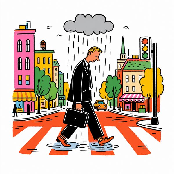 A man in a suit and briefcase, head down, crosses the street at the crosswalk; above him is a cloud and rain falls only on him.