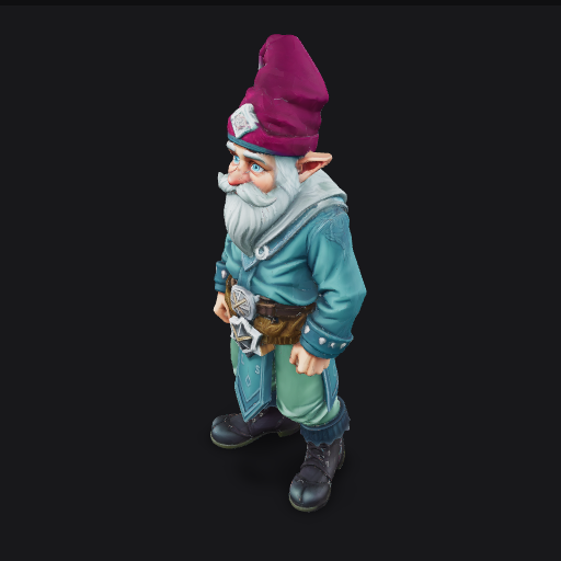 a bearded gnome in light blue clothing, as if he had powers