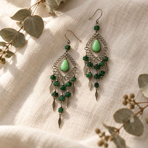 Product photo of these silver wire chandelier earrings, resting on a cream linen cloth, a few dried eucalyptus sprigs beside them, soft natural window light from the left, shot from above, shallow depth of field.