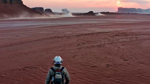 Kling 1.6 Pro output for the prompt: A single astronaut stands on a red Martian plain with their back to the camera. The camera dollies forward slowly over 4 seconds. Dust devils swirl in the distance. Sunset lighting.