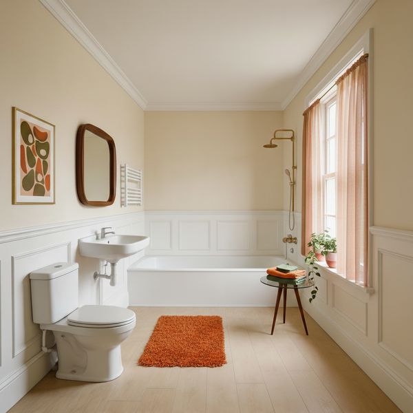 Mid-century modern bathroom with a retro/70s-inspired palette (orange, pink or green)