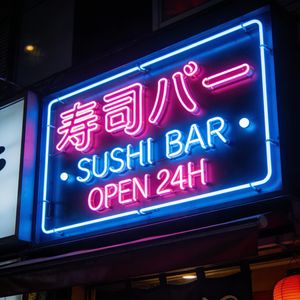 Seedream 4.5 output for the prompt: A neon storefront sign in Tokyo at night, Japanese and English mixed: "寿司バー · SUSHI BAR · OPEN 24H"