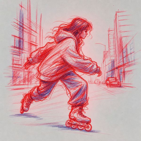 A woman in an oversized hoodie rollerblading on a city street