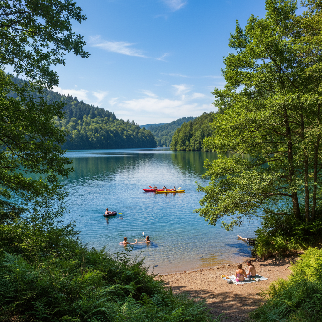 a peaceful lakeside surrounded by lush greenery and forested hills. People are enjoying activities near the shoreline, including swimming and kayaking in the clear blue water. The vibrant vegetation and blue sky create a serene and inviting atmosphere.
