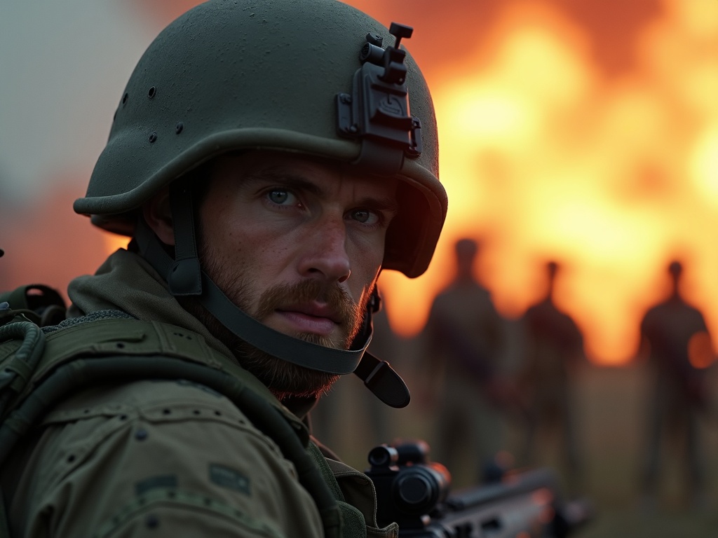 cinematic scene, over the shoulder close-up portrait of a soldier on the front line, intense and mesmerizing look, as explosions are seen in the background, film grain, depth of field