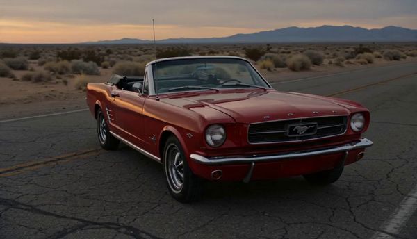 SeeDance 2.0 output for the prompt: Slow orbit around a 1965 Mustang convertible parked on a Nevada desert highway at twilight. Neon motel sign blinking in the background. Cinematic widescreen.
