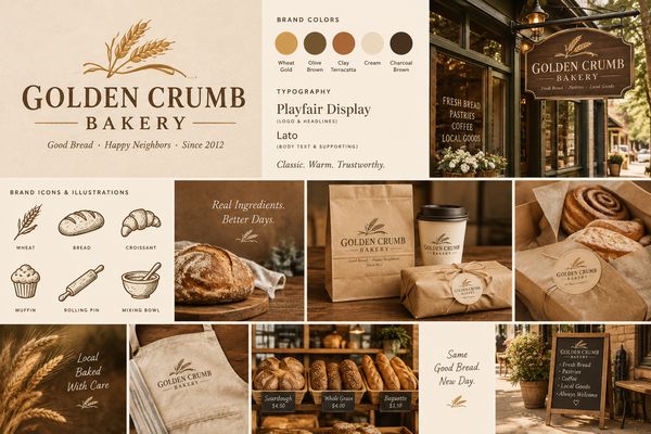 Now create a brand kit for a cozy neighborhood bakery called “Golden Crumb Bakery,” in a warm, elegant, artisanal style. Use a rustic yet refined visual identity, inspired by traditional local bakeries. Include a classic serif logo, wheat-inspired iconography, earthy and creamy tones, a clean brand board layout, packaging mockups, storefront signage, simple hand-drawn bakery icons, and a friendly, nostalgic atmosphere that feels homemade, trustworthy, and timeless.
