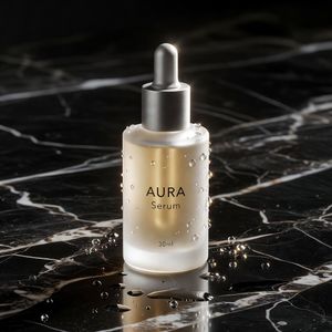 Grok Imagine output for the prompt: Premium skincare bottle on a black marble surface, water droplets, soft rim light, label reads "AURA Serum 30ml"