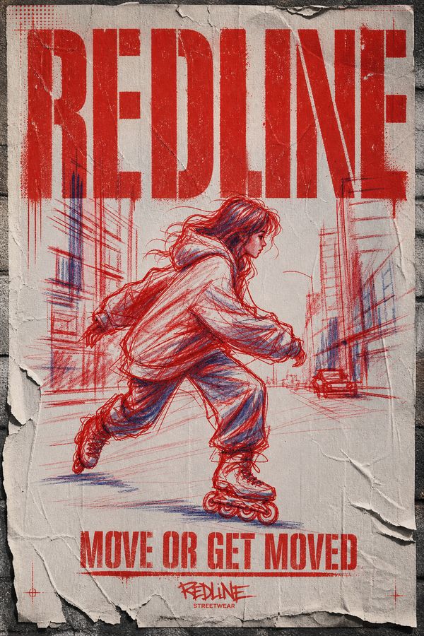 use this image to create a street poster for streetwear brand, large bold typography "REDLINE" at the top in raw stencil font, tagline "move or get moved" at the bottom, poster composition