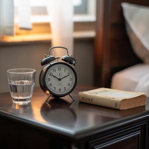 Ideogram V3 output for the prompt: A clock showing 3:47 on a bedside table, with a glass of water to the LEFT and a book titled "Dune" to the RIGHT