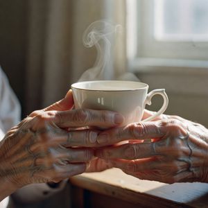 Grok Imagine output for the prompt: A 35mm film photo of an elderly woman's hands holding a steaming porcelain teacup, natural window light, Portra 400 grain