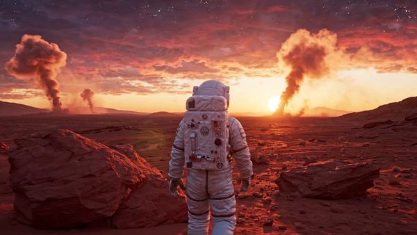 Google Veo 3.1 Lite output for the prompt: A single astronaut stands on a red Martian plain with their back to the camera. The camera dollies forward slowly over 4 seconds. Dust devils swirl in the distance. Sunset lighting.