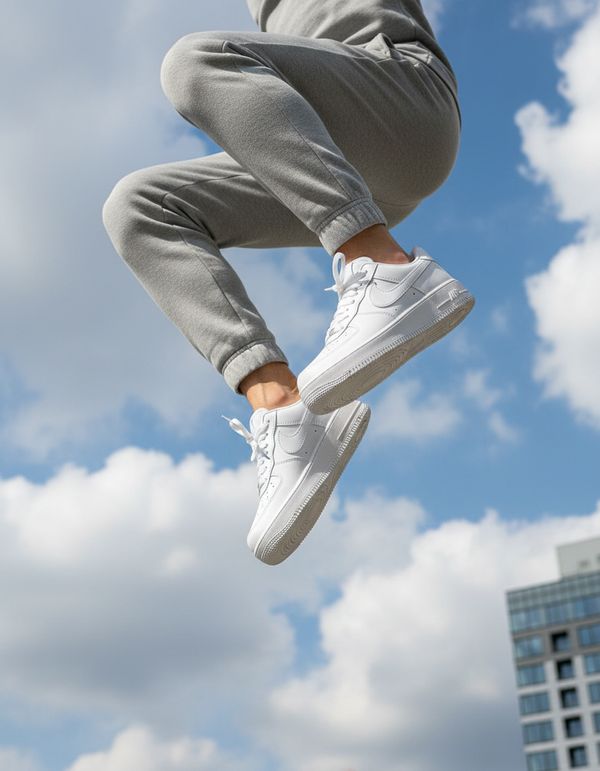 Low-angle upward shot of a person mid-jump, cropped at the thighs, wearing gray joggers and a pair of white Nike Air Force 1 sneakers. Sky with clouds as background, urban building visible bottom-right. No text
