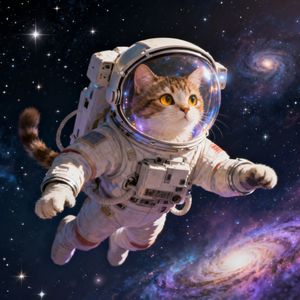 A cute cat astronaut wearing a detailed space suit with a clear helmet, floating gracefully in the vastness of space. The cat has bright curious eyes visible through the helmet visor. Background shows deep space with stars, distant galaxies, and nebulae in beautiful cosmic colors. The scene has a dreamy, whimsical quality with soft lighting illuminating the cat's fur through the transparent helmet. High quality, detailed digital art style.
