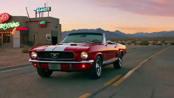 SeeDance 1.0 Lite output for the prompt: Slow orbit around a 1965 Mustang convertible parked on a Nevada desert highway at twilight. Neon motel sign blinking in the background. Cinematic widescreen.