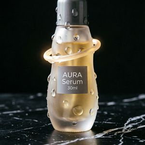 Qwen Image 2 output for the prompt: Premium skincare bottle on a black marble surface, water droplets, soft rim light, label reads "AURA Serum 30ml"
