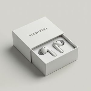 Wan 2.7 output for the prompt: Minimalist tech packaging: a matte white box slightly open revealing wireless earbuds, clean e-commerce background