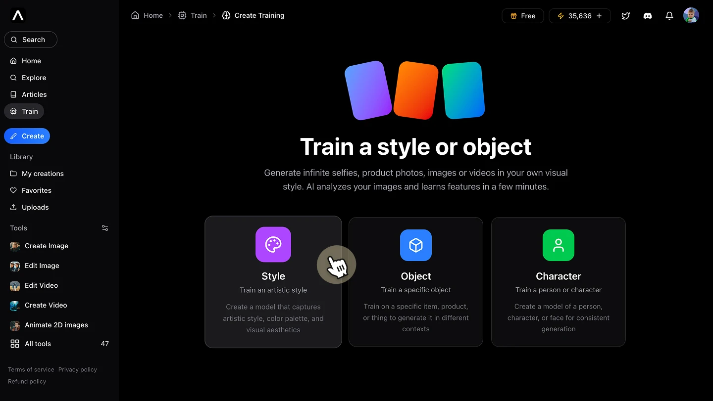 train model object, character, style AI artificial studio