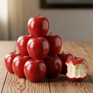 Google Image 4 output for the prompt: Exactly 7 red apples arranged in a pyramid on a wooden table, one apple with a bite taken out of it on the right side