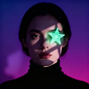 Dark-haired woman, black turtleneck, glowing light-green 4-pointed star shaped light shape one eye, dramatic shadows, surreal portrait, purple gradient background. IMG_2094.CR2
