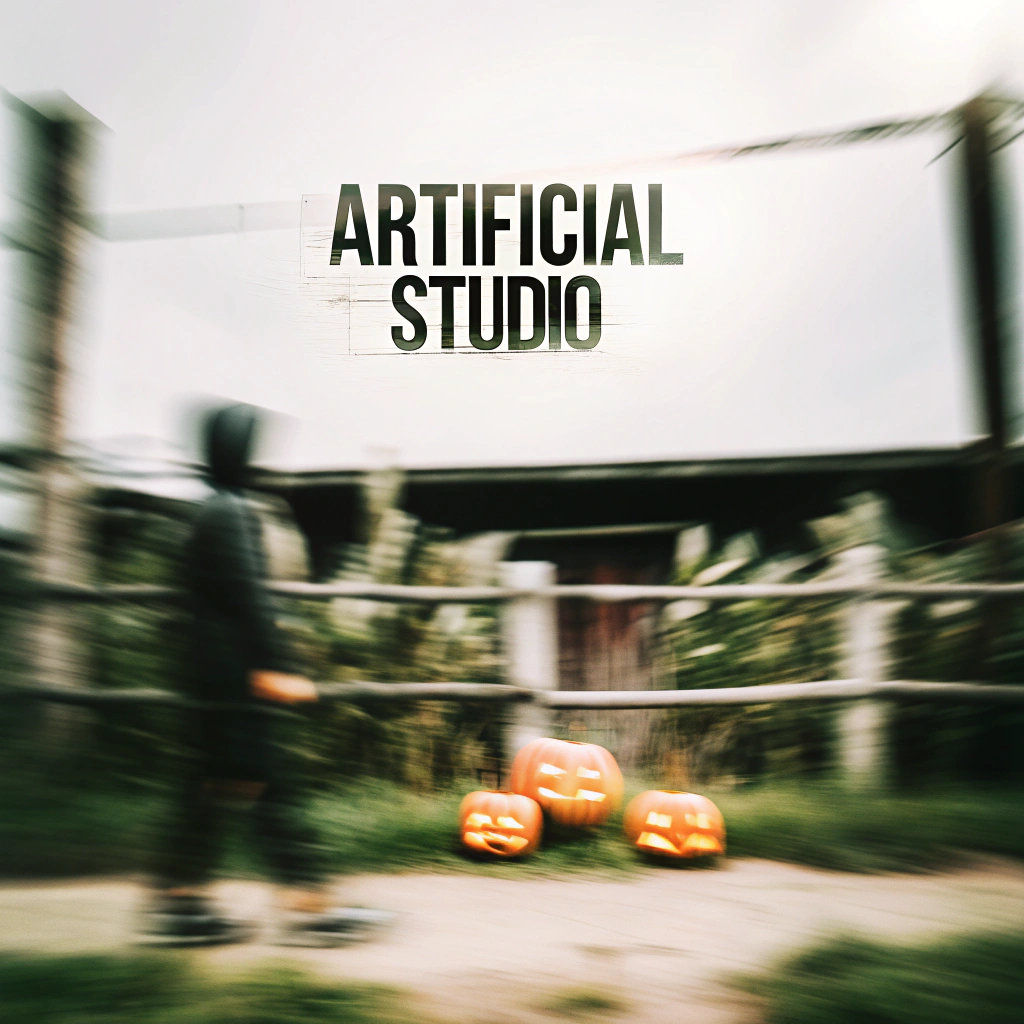 Cover o a halloween book named 'Artificial Studio', with a dark farm setting, with pumpkins and macabre things