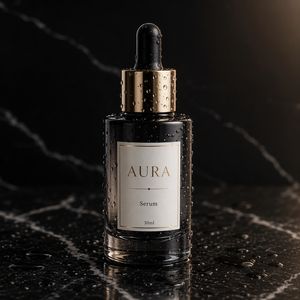 GPT Image 2 output for the prompt: Premium skincare bottle on a black marble surface, water droplets, soft rim light, label reads "AURA Serum 30ml"