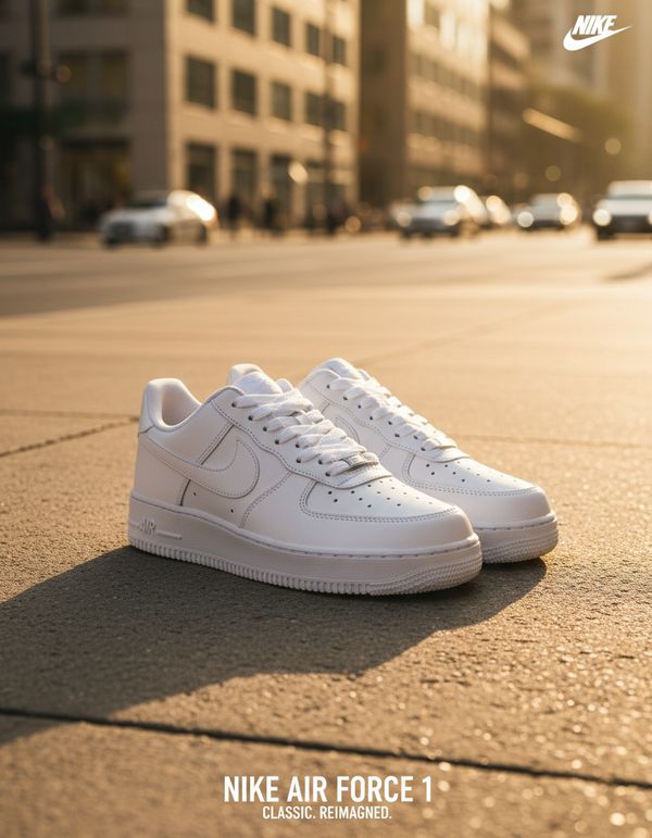 A pair of white Nike Air Force 1 sneakers placed on a concrete sidewalk in an urban setting. Both shoes side by side, slightly angled toward the camera. Golden hour sunlight hits the leather, casting warm shadows. Blurred city background, editorial street style photography, cinematic mood.
