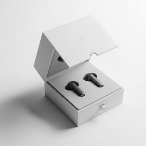 Google Image 4 output for the prompt: Minimalist tech packaging: a matte white box slightly open revealing wireless earbuds, clean e-commerce background