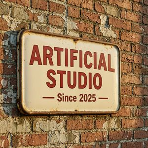 Wan 2.7 output for the prompt: A vintage enamel sign that reads "ARTIFICIAL STUDIO — Since 2025" in red and cream, mounted on a weathered brick wall, golden hour