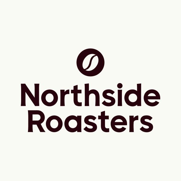 Minimal logo for a coffee shop called "Northside Roasters", a simple coffee bean inside a circle, the name in bold rounded sans-serif below the icon, dark brown and cream, flat design, no gradients.