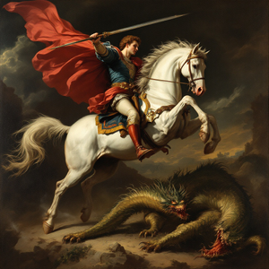 Simon Vouet's painting depicting a an equestrian portrait of St. George slaying down the dragon with his lance. Classical style, baroque, motion, imposing presence, religious, epic