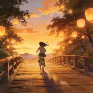 Seedream 4.5 output for the prompt: A Studio Ghibli-style animation still of a girl on a bicycle crossing a bridge at sunset, lanterns in the trees