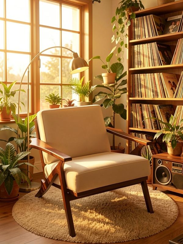 Keep the exact same object, pose, angle, and proportions from the reference image. A warm, cozy reading corner featuringa chair, surrounded by abundant... indoor plants and bathed in golden afternoon light from large windows. A tall wooden bookshelf filled with vinyl records lines the right wall, while a round shag rug, arc floor lamp, and retro speaker complete the nostalgic, 70s-inspired atmosphere.
