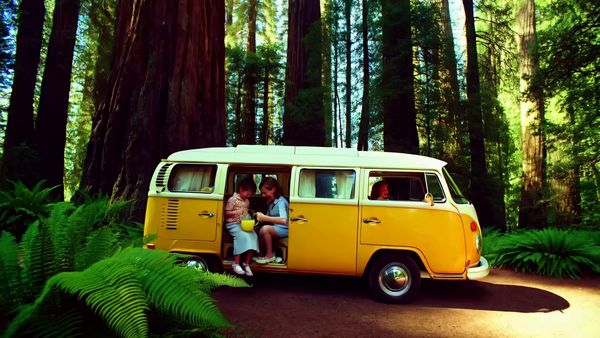 Minimax output for the prompt: Super 16mm film grain, Kodachrome color: a family of four having a picnic in a yellow VW bus parked by a redwood forest. Children laughing, mom pouring lemonade.