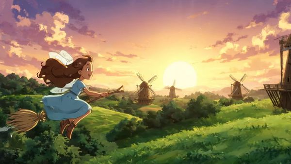 Google Veo 3.1 Lite output for the prompt: Studio Ghibli style hand-drawn animation: a young girl flying on a broom over rolling green hills with windmills at sunset, hair blowing in the wind.