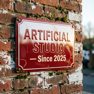 Qwen Image 2 output for the prompt: A vintage enamel sign that reads "ARTIFICIAL STUDIO — Since 2025" in red and cream, mounted on a weathered brick wall, golden hour
