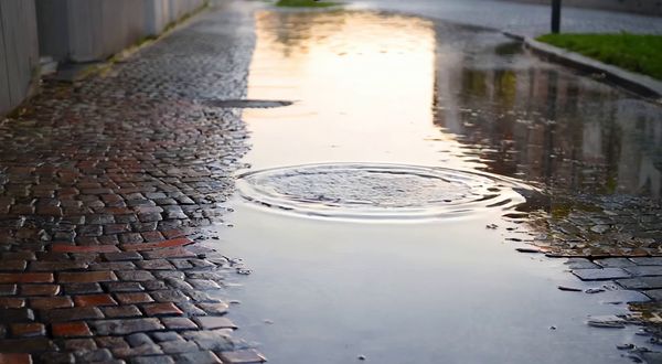 Wan v2.2 output for the prompt: A brown leather boot drops into a shallow puddle on a cobblestone street. Water splashes in a perfect circle, then settles. Slow motion 120fps, dawn light.